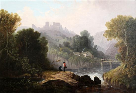 19th century English School Anglers in a river landscape, a castle beyond, 17 x 24in.